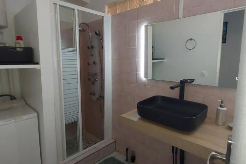 ein Bad mit einem schwarzen Waschbecken und einer Dusche in der Unterkunft Le Ptit Gibs in Petit-Bourg
