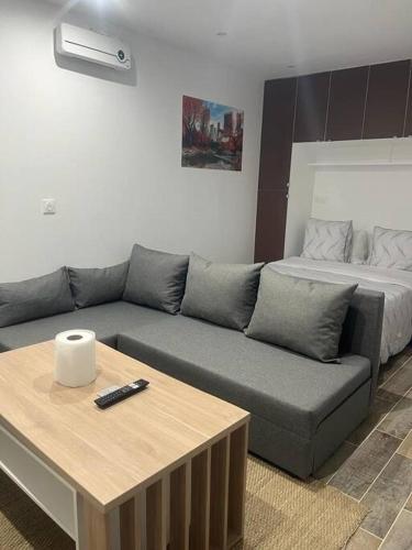 un salon avec un canapé et un lit dans l'établissement JolyStudio indépendant CDG/PARC D'EXPO VILLEPINTE/PARIS, à Aulnay-sous-Bois
