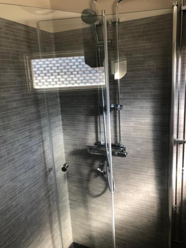 a shower with a glass door with a window at Föllingen stugan in Kisa
