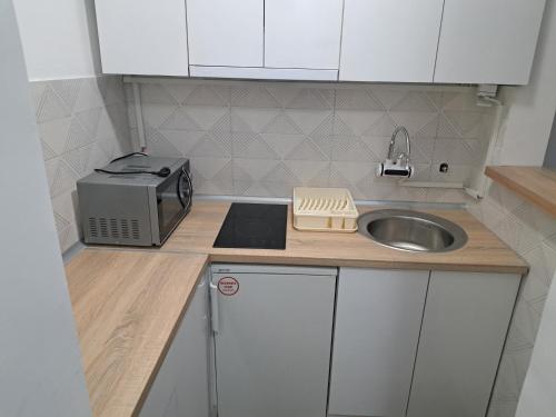 a small kitchen with a sink and a microwave at Daka in Vrnjačka Banja