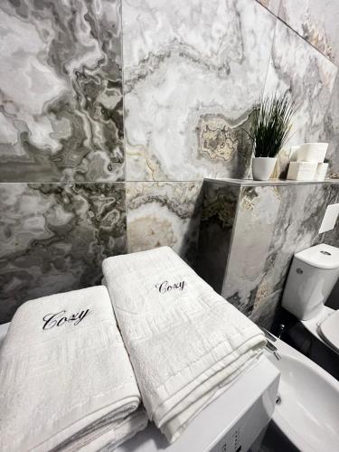 two towels are sitting on a bath tub in a bathroom at Marvellous Aparthotel with Master Apartments Suceava in Suceava