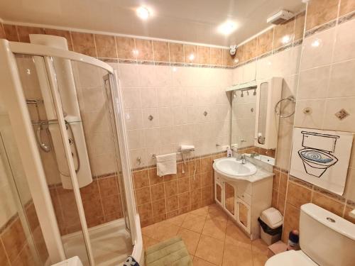 ein Bad mit einer Dusche, einem WC und einem Waschbecken in der Unterkunft Saules 4 in Daugavpils