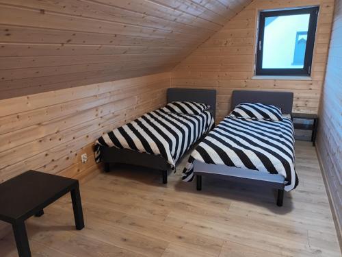 two beds in a room with wooden walls at Domek 6 os Oaza Kaszubska Studzienice in Studzienice