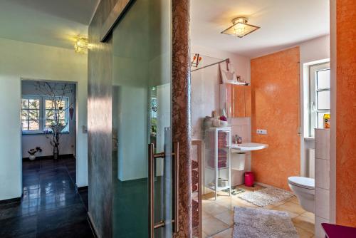 a bathroom with a shower and a toilet at La Maisonannette in Vinningen