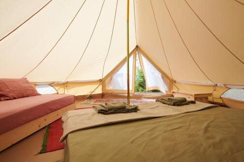 a tent with two beds in a room at Agricola Ombra - Tents in nature in Laiatico