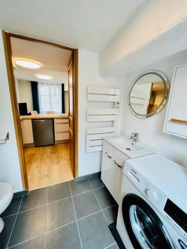 La salle de bains est pourvue d'un lave-linge et d'un lavabo. dans l'établissement Stylish Studio in the center of Senlis, à Senlis