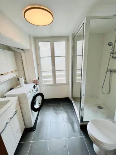 La salle de bains est pourvue d'un lave-linge et de toilettes. dans l'établissement Stylish Studio in the center of Senlis, à Senlis