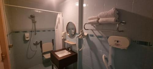 bagno con doccia, lavandino e specchio di Hotel Isis ad Amsterdam