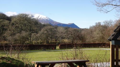 a bench in a park with a mountain in the background at Bunroy Park in Fort William