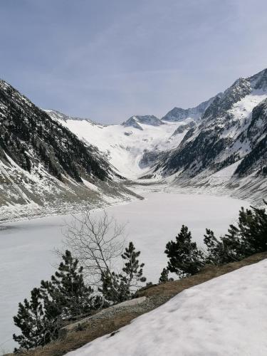 a view of a snow covered mountain with a lake at Appart Gruber in Zell am Ziller