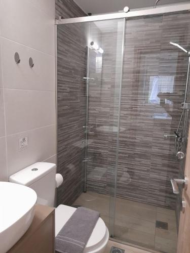 a bathroom with a toilet and a glass shower at Sunshine Apartments in Kato Daratso