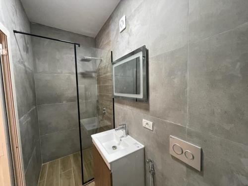 y baño con lavabo y ducha. en Bellavista apartment, en Durrës