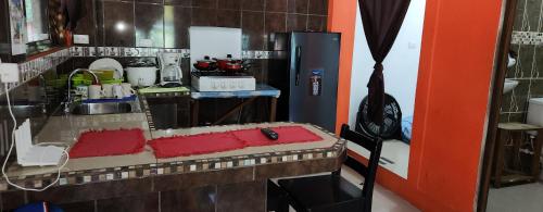 a miniature kitchen with a counter and a refrigerator at Apartahotel & Gym Rondon in Tortuguero