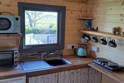 a kitchen with a sink and a window in a cabin at The Stunning Log House in Wexford