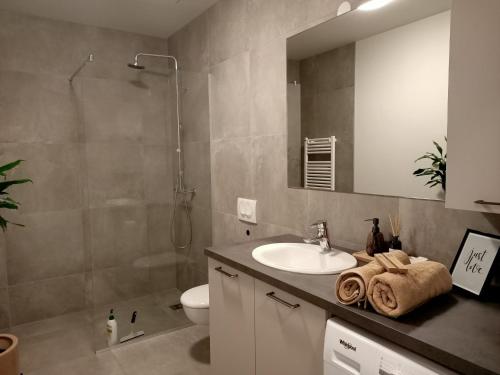 W łazience znajduje się umywalka, toaleta i lustro. w obiekcie Puffin Nest, Superior Apartment w Reykjavík