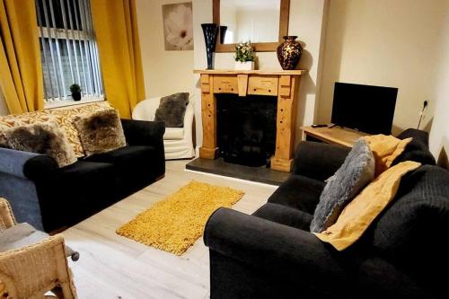 a living room with two couches and a fireplace at Tods Lodge - Quiet area in Derry City in Derry Londonderry