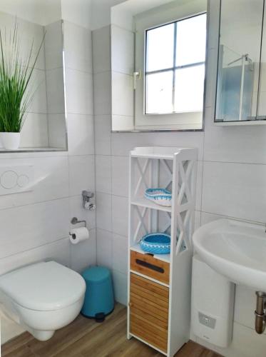 a white bathroom with a toilet and a sink at Strukkamp "Inselmädchen" Strukkamp in Fehmarn