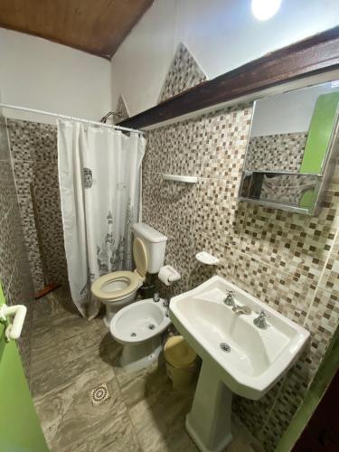 蒂諾加斯塔的住宿－Munay EcoHostal - Cabañas de Adobe，一间带卫生间和水槽的浴室
