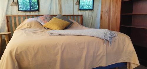 een bed in een kamer met 2 ramen bij Luxe tent op het platteland in Nieuwediep