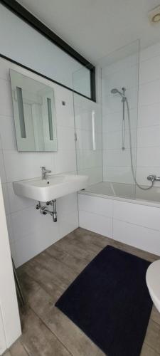 ein Bad mit einem Waschbecken, einem Spiegel und einer Dusche in der Unterkunft Ferienwohnung Casa Di Lago in Heinsberg