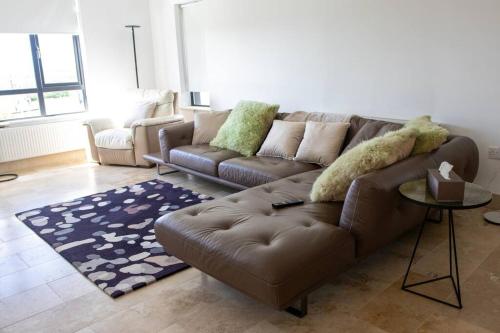 a living room with a brown couch and a rug at Osher in Milehouse