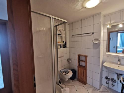 uma casa de banho com um chuveiro, um WC e um lavatório. em Yachthus em Carolinensiel