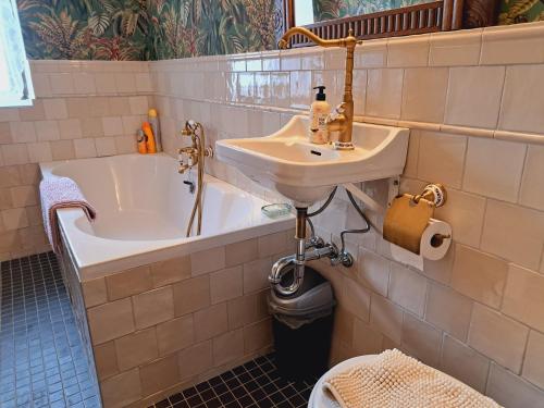 uma casa de banho com um lavatório e uma banheira ao lado de um WC em Haus Moselwald - 3 bedrooms em Enkirch