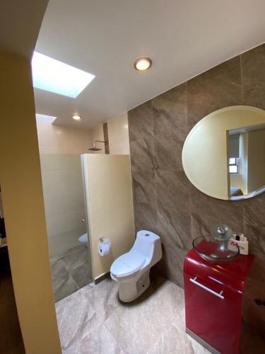ein Badezimmer mit Toilette und Spiegel in der Unterkunft HOTEL M ELITE ROJO in Mexiko-Stadt