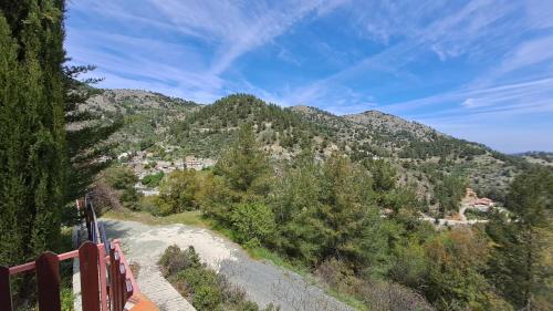 a view of a mountain with trees and a road at Mountain view Ioannis Ylation Saranti in Nicosia