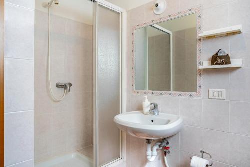 y baño con ducha, lavabo y espejo. en Aparthotel Pedrotti Strembo, en Strembo