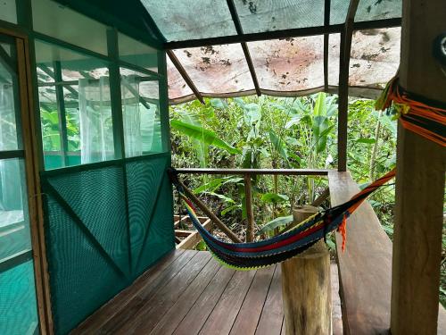 een hangmat op het terras van een huis bij Rio Agujitas Eco Farm hostel and Tours in Drake