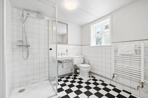 a white bathroom with a toilet and a shower at Baldursbrá Guesthouse Laufásvegur in Reykjavík