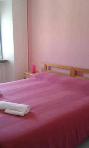 ein Schlafzimmer mit einem rosa Bett mit einer roten Decke in der Unterkunft Affittacamere Arcobaleno in San Leo