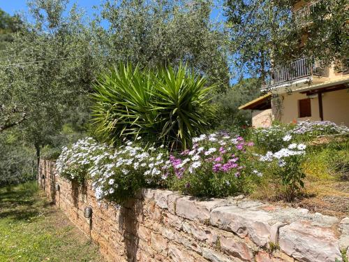 a stone wall with flowers in front of a house at Oliveto e mare in Sivota