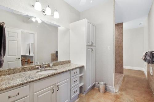 uma casa de banho com um lavatório, um espelho e um chuveiro em Willow Grove Estate em Fredericksburg