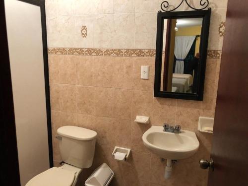 uma casa de banho com um WC, um lavatório e um espelho. em Suite Antequera en mexico em Oaxaca City