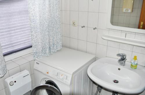 y baño con lavabo y lavadora. en Petersdorf Ferienwohnung Kleine Auszeit, en Westfehmarn