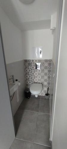 a small bathroom with a toilet and a sink at L'AUSTREBERTHE gite des Abbayes Du Val De Seine in Sainte-Marguerite-sur-Duclair