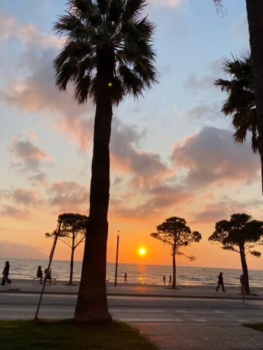 un tramonto sulla spiaggia con le palme di Ar Apartment a Vlorë