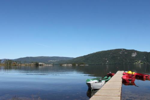 a boat is docked at a dock on a lake at Nisser Hyttegrend og Camping in Fjone