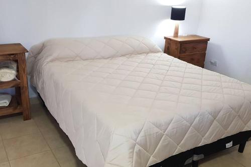 um quarto com uma grande cama branca e uma mesa de cabeceira em Hermoso alojamiento temporario LA SOÑADA em Pigüé