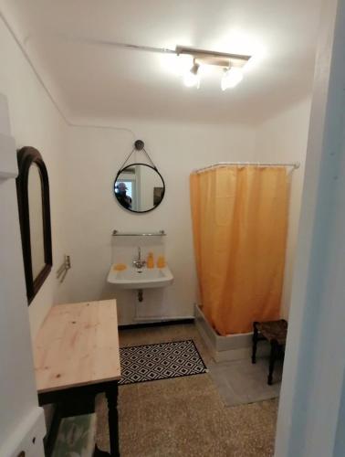 une salle de bain avec un lavabo, un miroir et une douche dans l'établissement Chez Mamy Dée 3, à Castellane