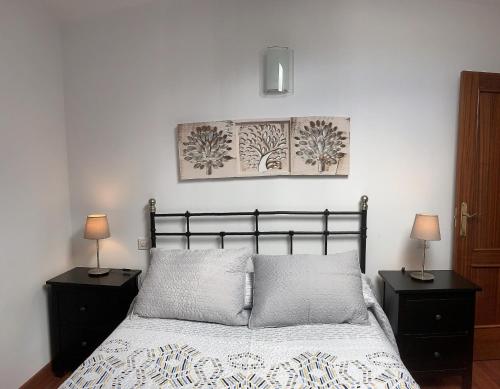 Valleseco的住宿－Viviendas Vacacionales en el centro de Valleseco，一间卧室配有一张床和两张台灯。