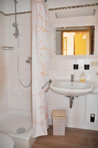 a bathroom with a sink and a shower at Ort Lemkenhafen Melchinger in Fehmarn