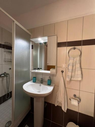a small bathroom with a sink and a mirror at Casa Armonia in Nea Kallikrateia