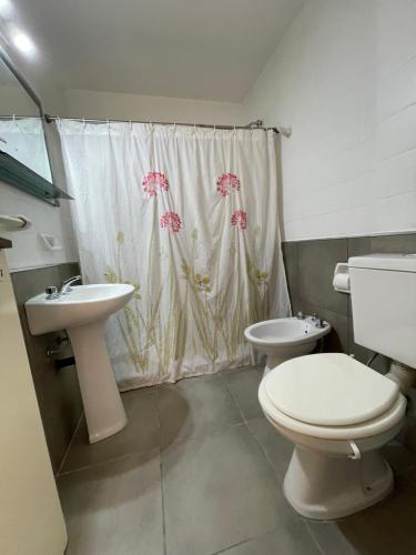 a bathroom with a toilet and a sink and a shower curtain at Depto cómodo en Pleno Centro Porteño in Buenos Aires