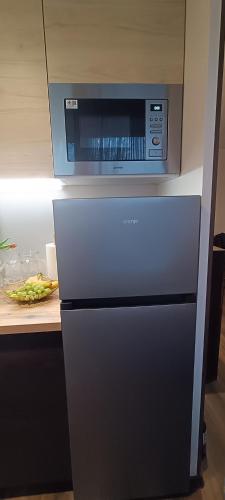 a microwave on top of a refrigerator in a kitchen at NarvaCenter 2, рядом с границей in Narva