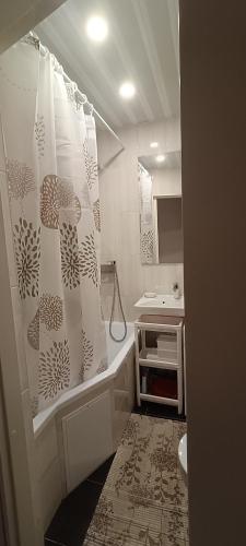 a bathroom with a shower curtain and a sink at NarvaCenter 2, рядом с границей in Narva