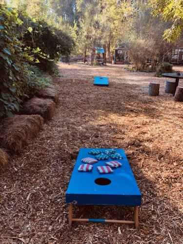 a blue ping pong table in a park at Cozy Wild West Covered Wagon next to River in Grants Pass