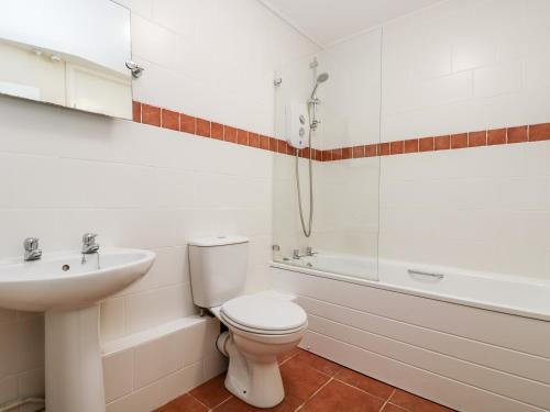 Un baño con inodoro, lavabo y ducha. en Brookview, en Callington